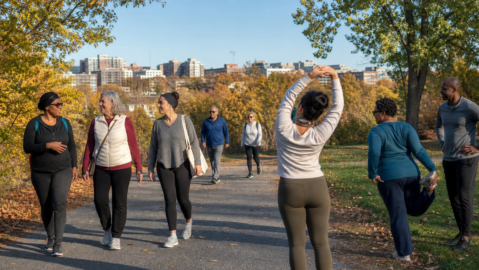 Neighbors walking and stretching together in an Arlington park
