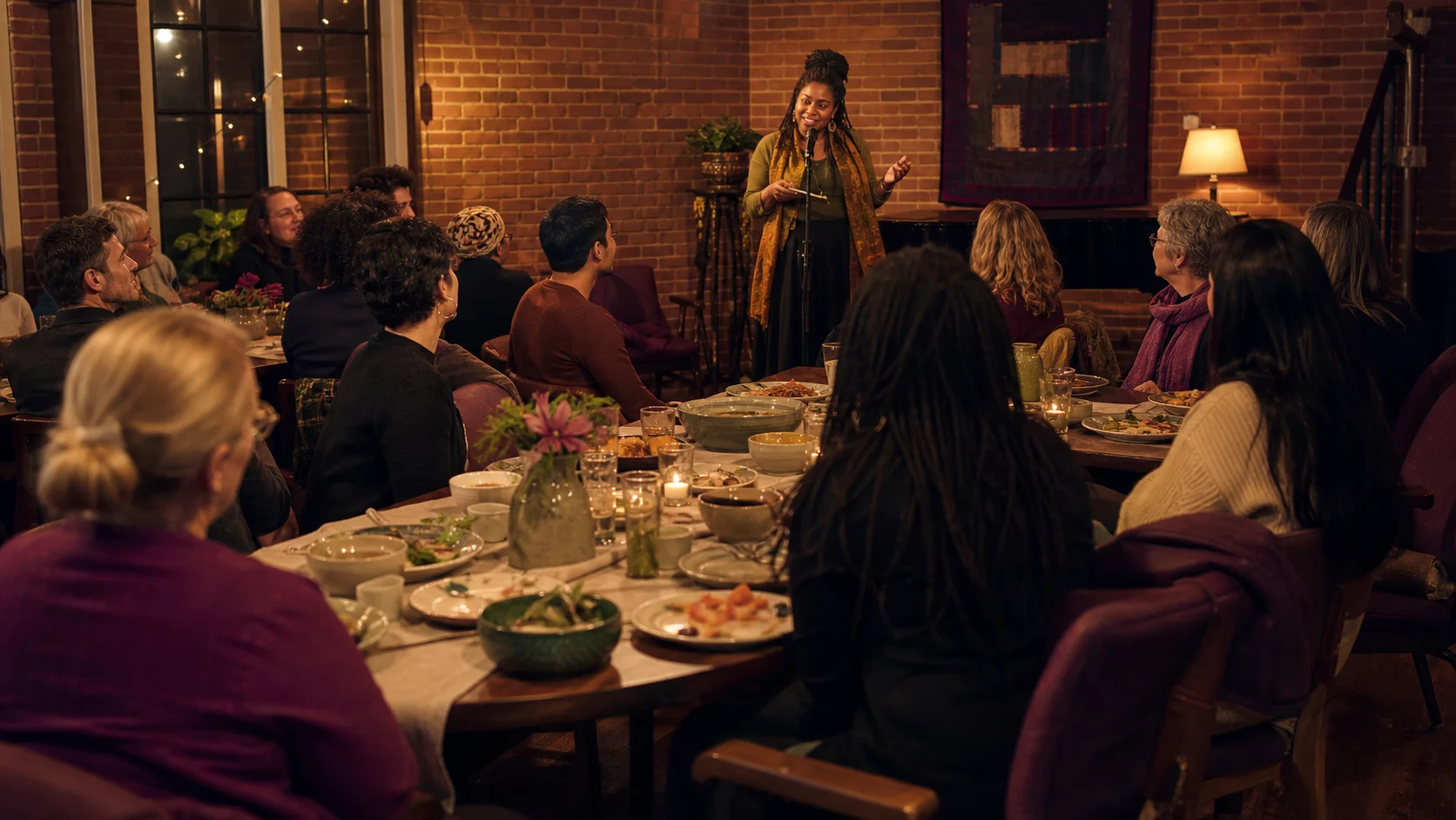 A storyteller speaking during a community dinner in Fairfax