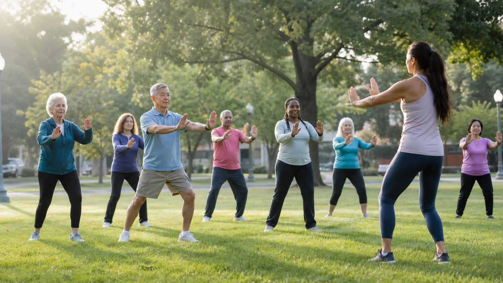 A movement coach helping a community member exercise