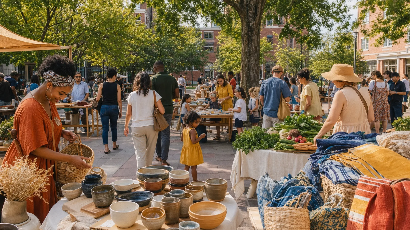 Neighbors browsing makers and food stalls at an outdoor market