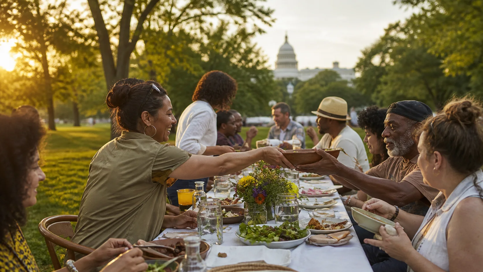 Neighbors sharing food at a long outdoor table