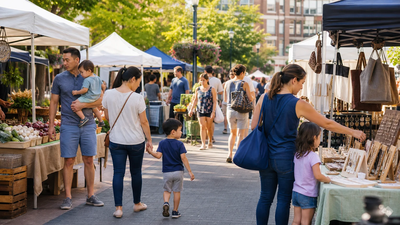 Families visiting an outdoor community market in Maryland